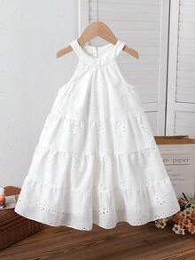 1pc Girls Elegant Sleeveless Hollow-Out Jacquard Fabric Dress, Suitable For Daily, Party And Holiday Wear, Summer - White - View 7