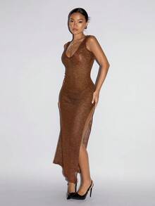 SHEIN ICON 音乐节性感露背深V高开衩连衣裙 - 卡其色 - 查看 6