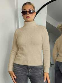 Bethéva 高领加厚内衬修身保暖羊绒衫，秋冬新品，针织套头衫 - 卡其色 - 查看 4