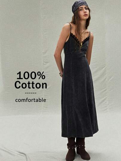 SoleilVie Women's V-Neck Patchwork Lace Vintage Washed Casual Dress Denim Midi Dress Corset Midi Dress Lace Trim Slip Dress Slip Midi Dress Midi Dress For Women