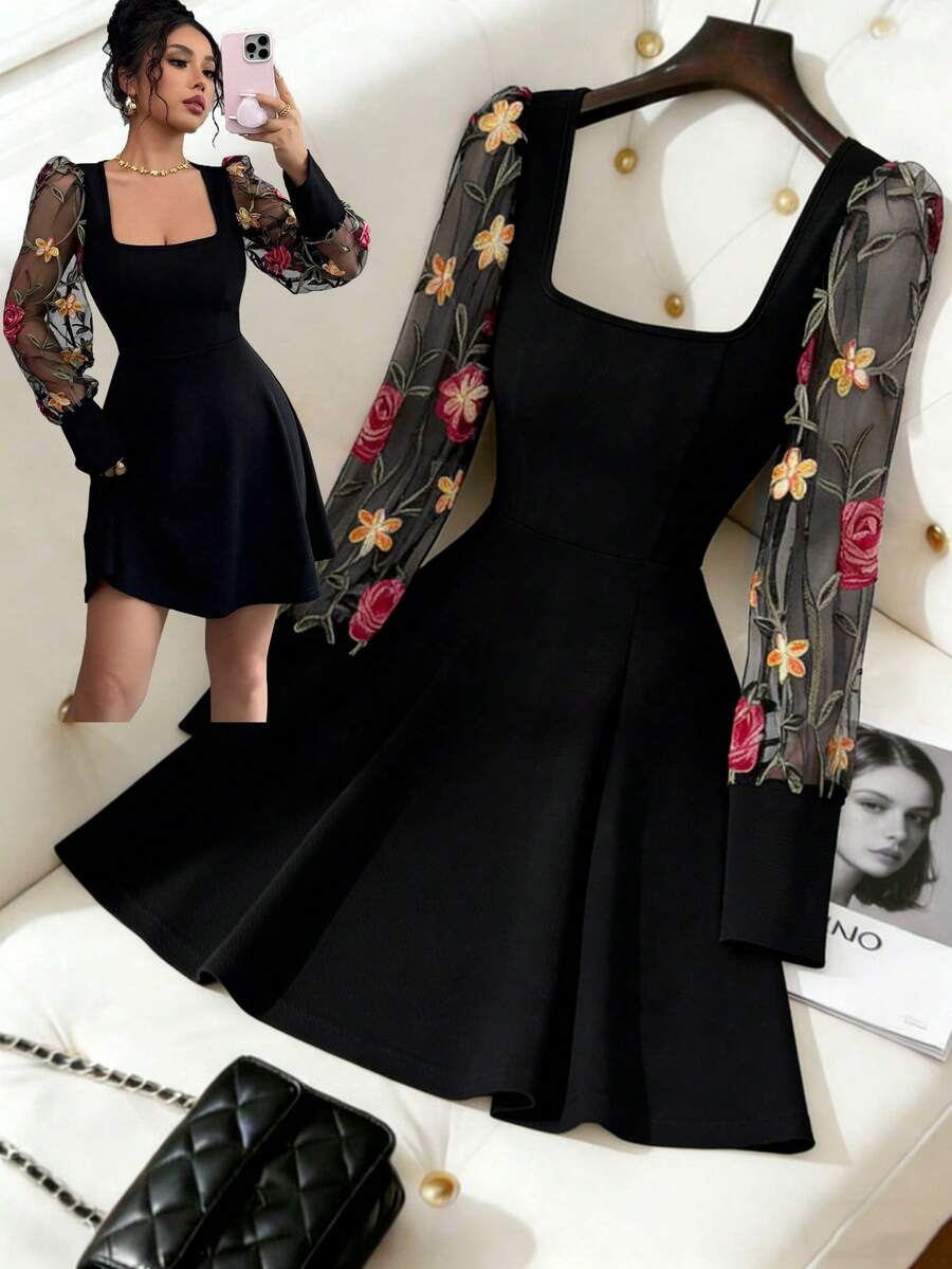 Elenzga Váy ngắn tay bồng dáng chữ A họa tiết hoa cổ vuông phối lưới màu trơn tôn dáng ngày lễ tình nhân 2025 - màu đen - Xem 1