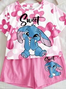 两件套女童字母卡通印花短袖T恤和短裤，适合暑期上学、户外野餐、休闲外出、街头风、居家穿着 - 彩色 - 查看 6