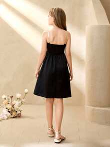 Girls' White Bow Transparent Strap Dress, Suitable For Spring/Summer Weddings, Birthday Parties Girls' Satin Black Midi Dress, Polyester, Sleeveless, Lightweight - Black - View 2