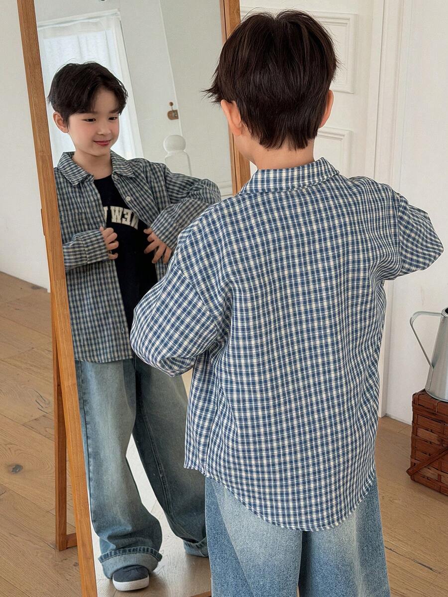 DAZY Tween Boy Casual Plaid Long Sleeve Shirt - Blue - View 1