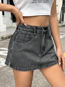 SHEIN ICON 女士高腰带口袋休闲百搭牛仔短裙 - 灰色 - 查看 7