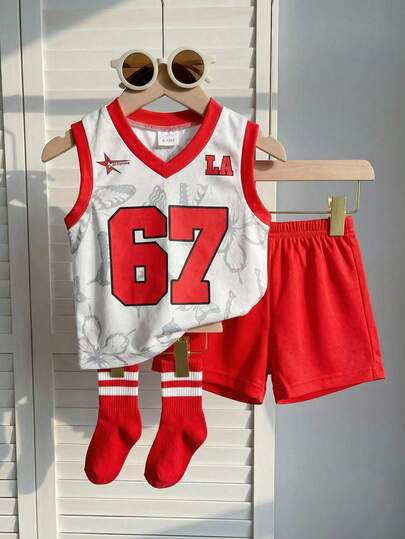 SHEIN 2pcs/Set Infant Toddler Boys Casual Sports 23 Graphic V-Neck Short Sleeve T-Shirt And Shorts Set, Baby Boy Clothes, Street Style, Sportswear, Summer Outfit, 0-3 Years Old Boy Basketball Jersey Boys 2 Piece Set Basketball Outfit Set Toddler Boy Outfit Boy Summer Sets