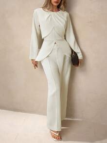 Modelyn French Elegant Business Solid Color Long Sleeve Top And Slim Fit Pants Set For Women - Beige - View 1