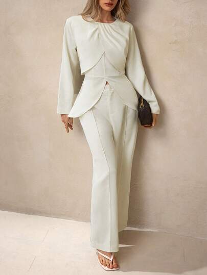 Modelyn French Elegant Business Solid Color Long Sleeve Top And Slim Fit Pants Set For Women