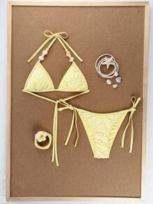 Swim Mod 2026 Spring/Summer Yellow Spaghetti Strap Halter Neck Bikini Set, Special Fabric Side High Cut Thong, Yellow Beaded Decor - Yellow - View 1