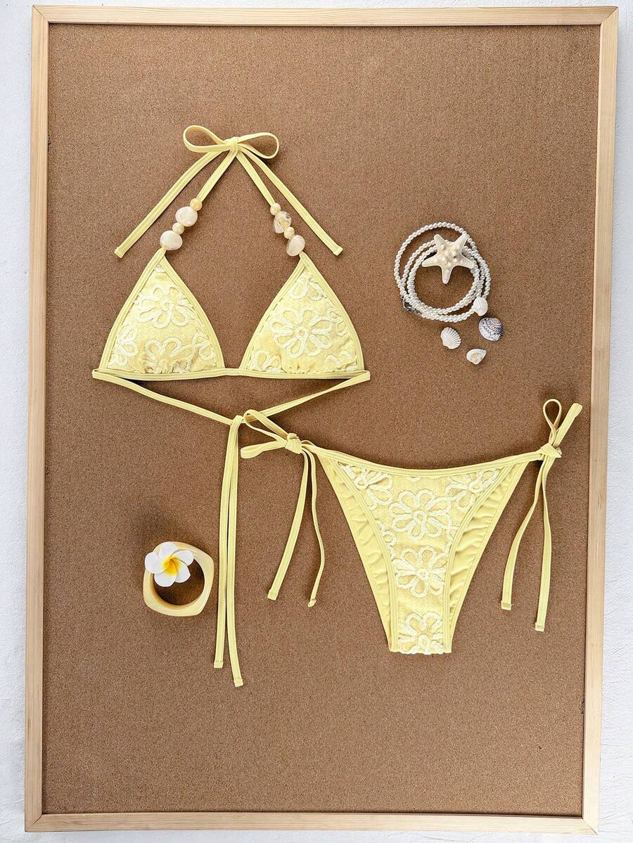 Swim Mod 2026 Spring/Summer Yellow Spaghetti Strap Halter Neck Bikini Set, Special Fabric Side High Cut Thong, Yellow Beaded Decor - Yellow - View 1