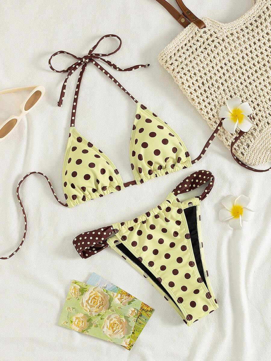 Swim Mod Nuevo conjunto de bikini de triángulo con cintura alta y lazo delantero con estampado de lunares, traje de baño de cuello halter para mujer para la playa y vacaciones - Multicolor - Ver 1