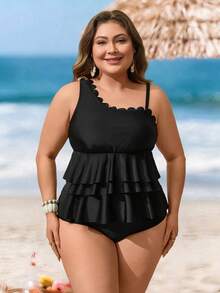 Swim Lushoire Plus Size Women Summer Beach Solid Color Asymmetric Neckline Fashionable Tankini Swimwear Set - Black - View 4