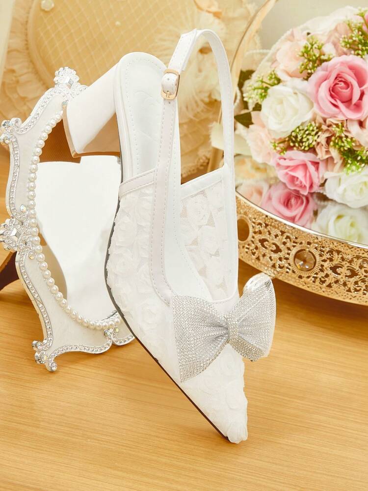 CUCCOO HITCHD Women Shoes Spring. New Pointed Thick Heel High Heel Romantic Elegant White Mesh Yarn With Faux Pearl Mesh Yarn Flower Women's High Heel Shoes Dress Shoes Bridal Shoes Wine Ceremony Season Sign For Valentine's Day Elegant And Versatile Wedding Shoes Spring Shoes Bride Shoes