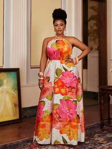 Maweii 大码女士性感露背吊带系带印花长裙，度假装 - 彩色 - 查看 5