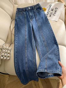 Teen GirlCasual Retro Washed Blue Straight Leg Jeans, Fashionable & Versatile - Blue - View 4