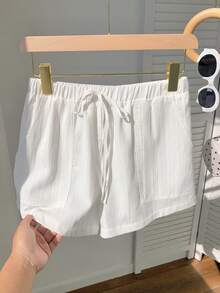 SHEIN EZwear 女士抽绳腰纯色休闲百搭日常短裤 - 白色 - 查看 5