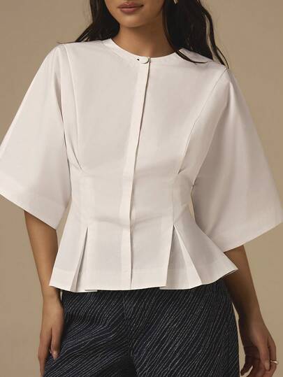 COSMINA Women's Round Neck Pleated Waist 3/4 Sleeve Blouse, Solid Color Casual Office Minimalist Shirt Top