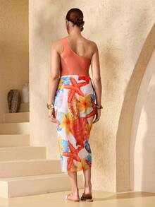 Swim Oasis 2026 大码女装夏季新款时尚度假单肩海星贝壳数码印花连体泳衣+裹身裙高端沙滩套装 - 彩色 - 查看 4