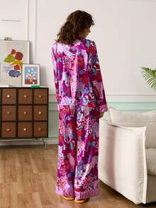 Casual Leopard & Tropical Plant Print Satin Robe Set, Long Sleeve Loose Pajama Pants, Relaxed Fit Sleepwear For Women - Multicolor - View 2