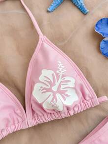 SHEIN Teen Girl Floral Print Swimwear Set, Vacation Beach - Pink - View 4