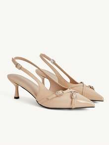 CUCCOO CHICEST Giày cao gót mũi nhọn bằng da PU thanh lịch, trang trí dây xích, dành cho nữ, mẫu mới Xuân/Hè. - Màu Khaki - Xem 2
