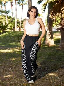 Lupita Cardoza Women's Street Style Letter Print Elastic Waist Wide Leg Pants Fall Cloth For Women - Black - View 6