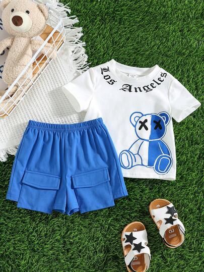 SHEIN 2件套幼儿男童休闲可爱小熊印花短袖T恤和短裤套装，男婴服装，街头服饰