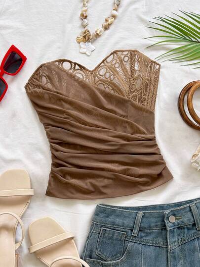 Soleia 欧美性感露肩蕾丝拼接网纱紧身胸衣上衣，卡其色镂空刺绣塑身衣，女士夜店装扮