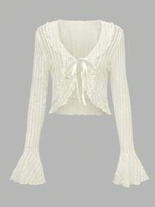 K-Vae Women's Summer New Lace Sunscreen Cover Up, Short Tie-Front Ruffle Flare Sleeve Sheer Cover Up Thin Jacket - Apricot - View 1