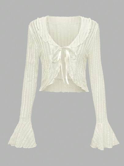 K-Vae 女士夏季新款蕾丝防晒罩衫，短款系带荷叶边喇叭袖薄纱外套