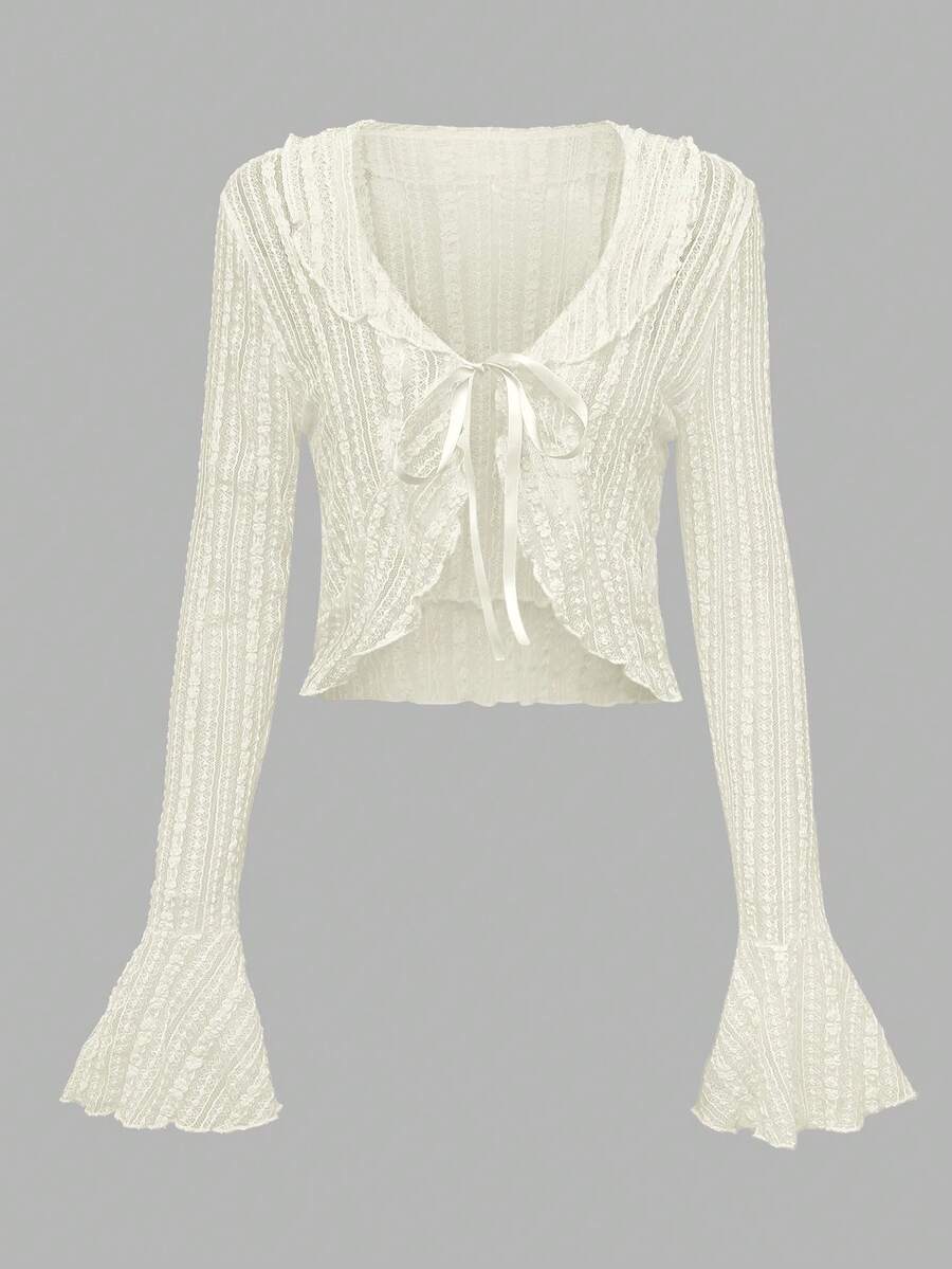 K-Vae Women's Summer New Lace Sunscreen Cover Up, Short Tie-Front Ruffle Flare Sleeve Sheer Cover Up Thin Jacket - Apricot - View 1