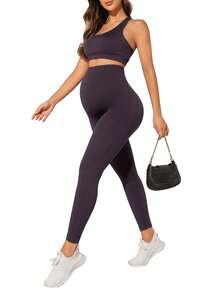 SHEIN Pantalones de chándal de cintura alta y ajustados para maternidad - Púrpura polvoriento - Ver 5