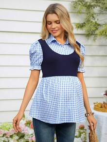 SHEIN Ruffle Collar Commuter Style Short Sleeve Top, Contrast Color Maternity Shirt,Summer Tops,Summer Outfits - Multicolor - View 5