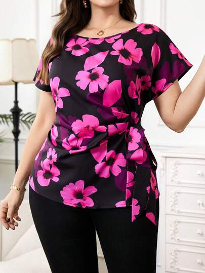 Reflora Damen Große Größen Bluse mit Blumenmuster, Fledermausärmel, seitlicher Bindung, modisch und elegant