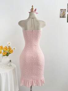 Elamini Pink Strapless Textured Floral Ruched Waist Slit Ruffle Hem Bodycon Dress - Baby Pink - View 2