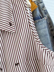 GlowEve CURVE 大码女式休闲通勤优雅法式蝴蝶条纹印花衬衫，春夏款 - 棕色 - 查看 5