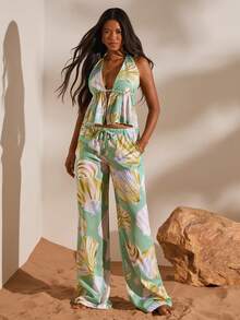 Opulessa Women's Chiffon Printed Halter Top & Loose Straight Leg Pants 2 Pieces Set, Spring/Summer Vacation - Green - View 5