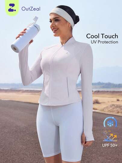 OutZeal 女士防晒夹克 粉色 夏季日常休闲 凉爽触感 防紫外线 修身拉链夹克