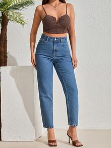 EURMUSE 100% Cotton Denim High Rise Super Mom Fit Denim Jean - Medium Wash - View 5