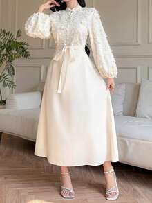 DAZY Đầm dài nữ cổ tàu thiết kế thắt nút đính họa tiết thanh lịch, eo thon, thích hợp cho các bữa tiệc mùa hè. - Màu be - Xem 4