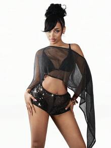 Amplova 2026 Music Festival Sheer Asymmetric Hem Crop Top & Low Waist Sequin Mini Shorts Set For Women Mesh Cover Up Bathing Suits With Ups - Black - View 10