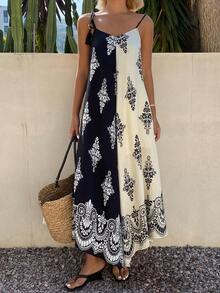 Livesso Women's Black And Cream Floral Summer Boho Beach Vacation Holiday Dress,Geometric Print Loose Strap Sundress With Beaded Tie-Up Details Casual - Black and White - View 4