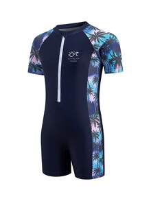 SHEIN 青少年男孩休闲椰子树印花防晒衬衫和泳裤套装，适合海滩、游泳和冲浪；是海滩度假和泳池派对的理想之选，也是春夏季节的理想选择。 - 彩色 - 查看 4