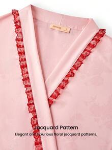 LUVLETTE 新娘奢华粉色缎面和服睡袍 - 优雅系腰睡裙，饰以红色蕾丝细节，新娘休闲服 - 粉色 - 查看 11