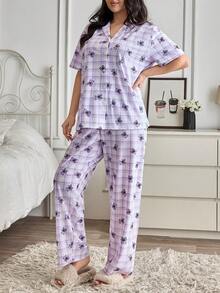 SHEIN Women PLUS SIZE 2 Pcs Button Front With BEAR&PLAID Pattern Shoert Sleeved Shirt & Long Pants Homewear Cute Comfort Casual Pajama Set - Multicolor - View 4