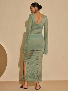 Bóhologie Going Outfit Crocheted Dress Vacation Summer Dress Women V-Neck Hollow Out Bodycon Knit Cover Up Dress Beachwear Boho Style Spring Dress - Green - View 2