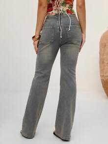 BiaLiraa 性感复古铆钉系带低腰牛仔裤 - 中等水洗藍 - 查看 2