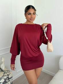 Maria Perezxox Váy cánh dơi hở lưng dài tay màu đỏ rượu vang trơn mới thu/đông dành cho nữ, váy ngắn gợi cảm phong cách Giáng sinh - Màu Đỏ Sâu - Xem 6