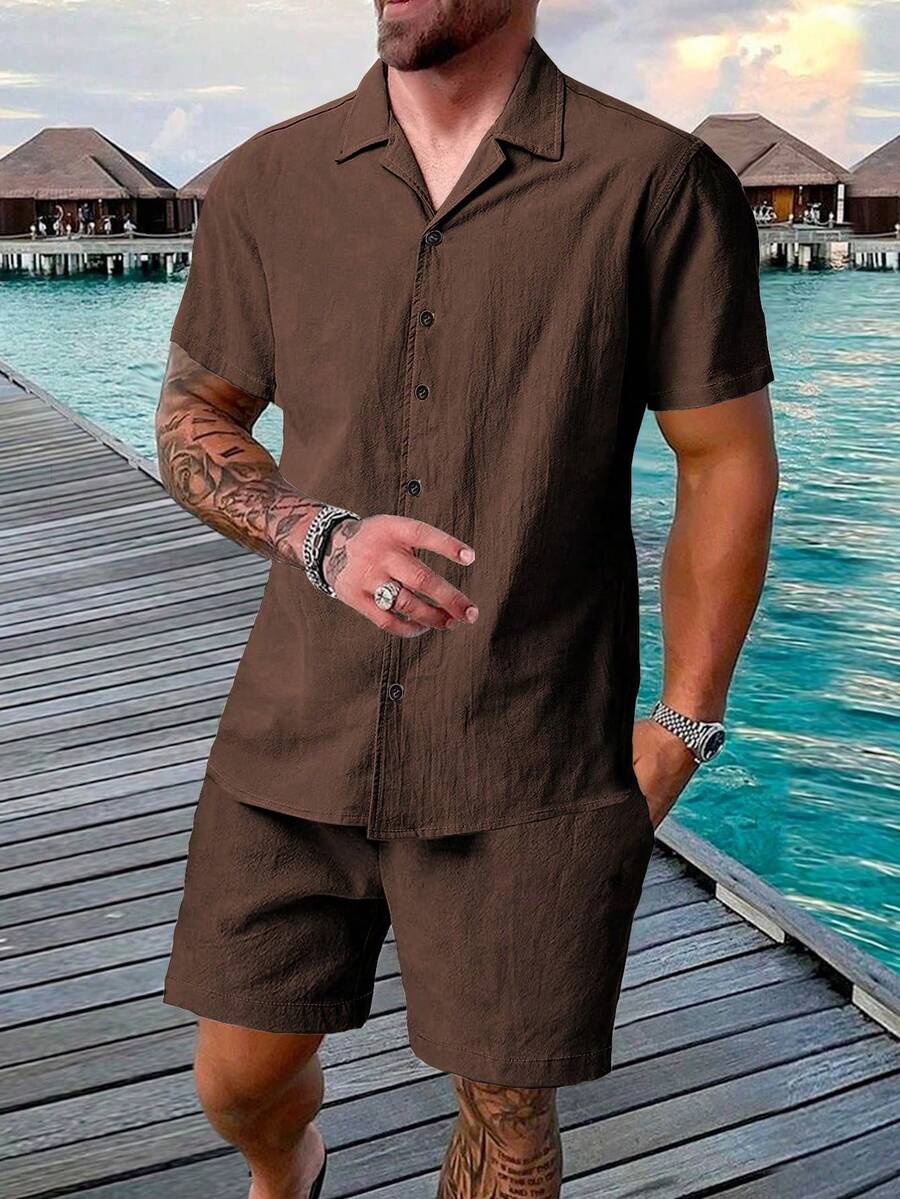 Genlund Conjunto de camisa y pantalones cortos de unicolor casual para hombre de talla grande, Dinero viejo, Ocio diario, Viajes de fin de semana, Actividades al aire libre, Expediciones de viaje, Entornos de trabajo relajados o ocasiones semi-formales, Regalo para novio/esposo, Regalo de aniversario/cumpleaños, Fiesta de vacaciones de verano, Boda, De primavera a verano, Pascua, Conjunto de camisa de manga corta con botones y pantalones cortos de estilo resort casual para hombre, Conjunto de pantalones cortos marrones para hombre, Conjunto de dos piezas casuales de pantalones cortos para hombre, Conjunto de dos piezas de verano para hombre, Conjunto de pantalones cortos de lino para hombre, Conjunto de dos piezas marrones para hombre - Marrón - Ver 1