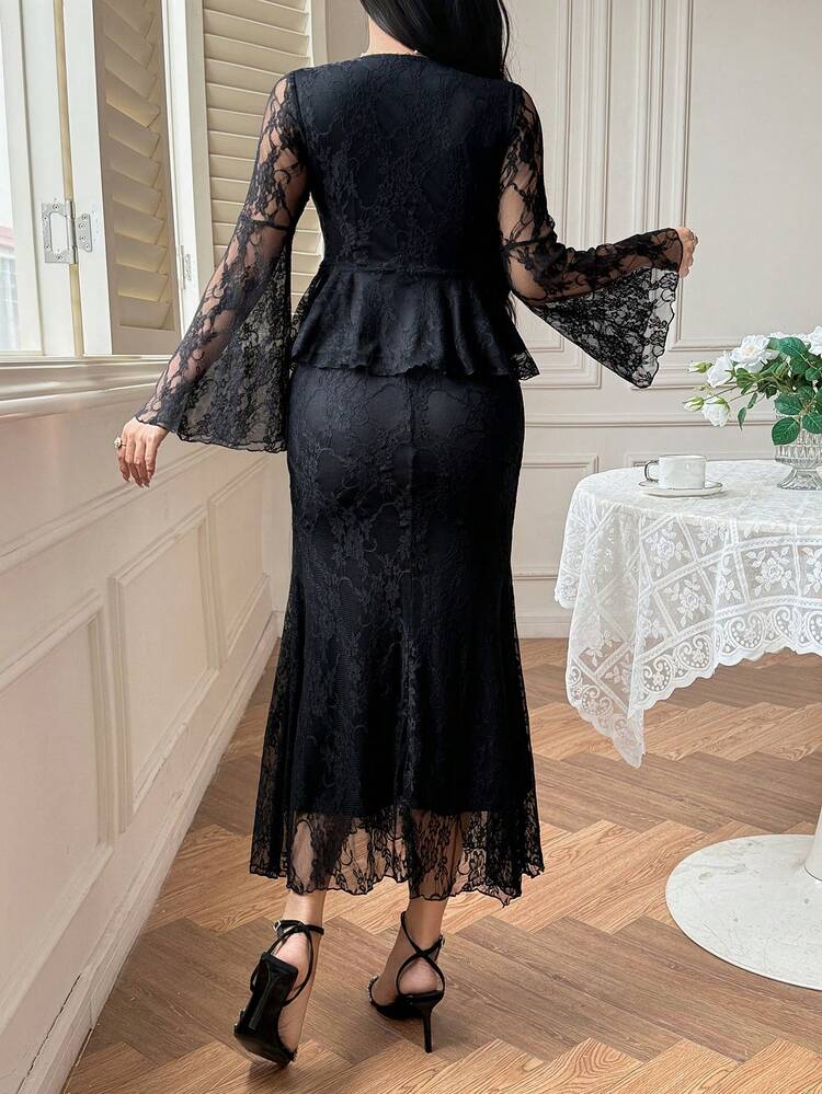 Women's Elegant Lace V-Neck Flare Sleeve Top And Skirt 2-Piece Set, Summer